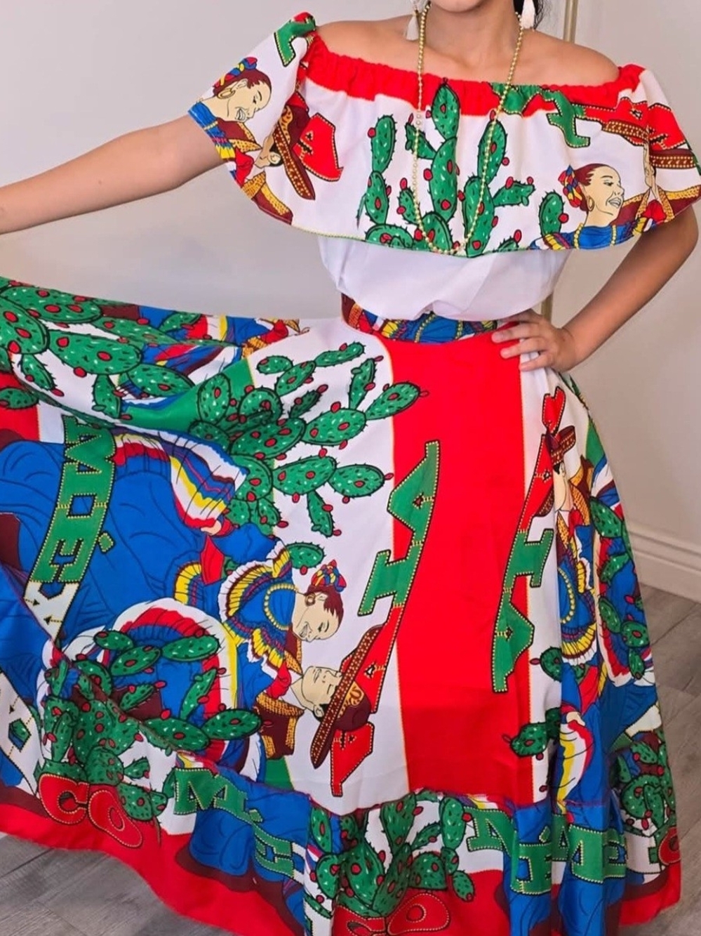 Off-Shoulder Red, White & Blue Printed Maxi Skirt Set Mexican dress